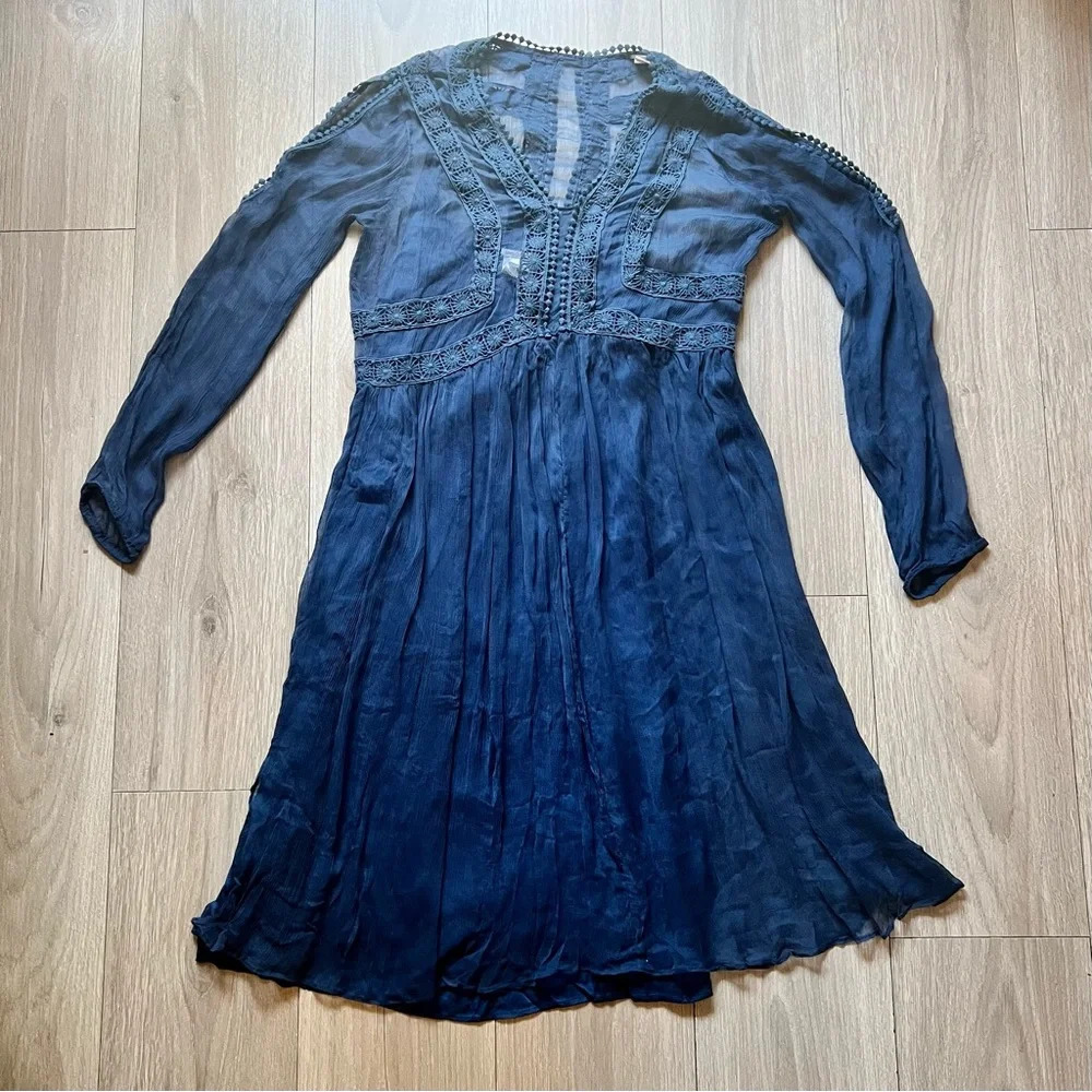 Sundance‎ blue floral eyelet trim sheer slit sleeve dress size 8
